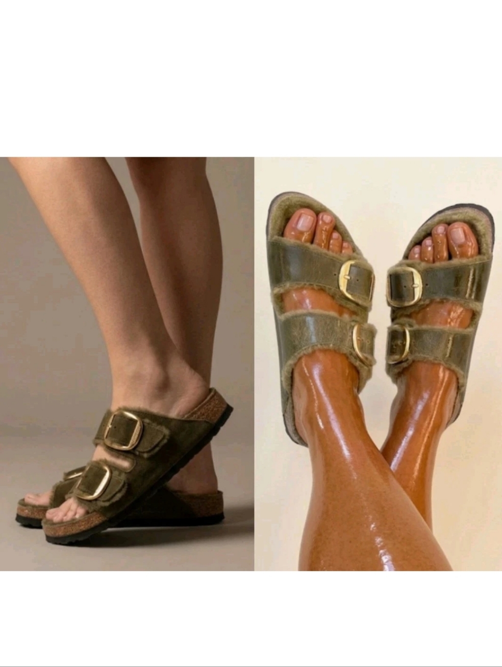 Birkenstock Arizona Gold Big Buckle Shearling Oiled Leather In Olive Green Sz 40